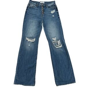 KanCan Women's 27 Blue Flare‎ Button Fly High Rise Dark Wash Stretch Denim Jeans